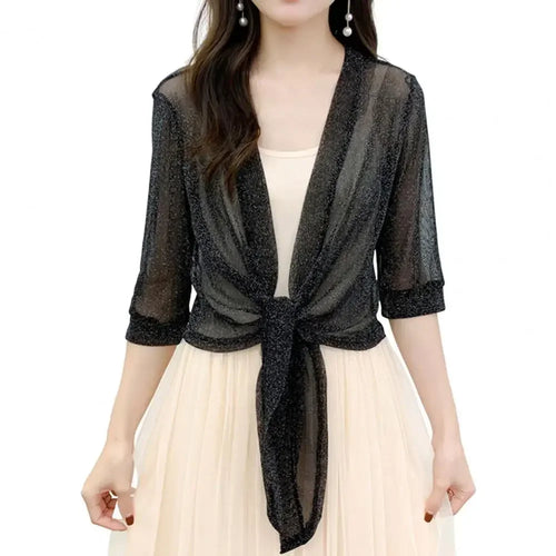 Women's Sheer Glitter Lace-up Cardigan Half Sleeve Summer Lightweight