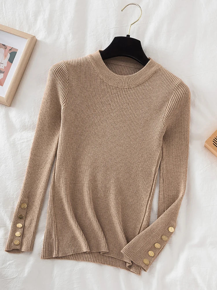 2024 women thick sweater pullovers khaki casual autumn winter button