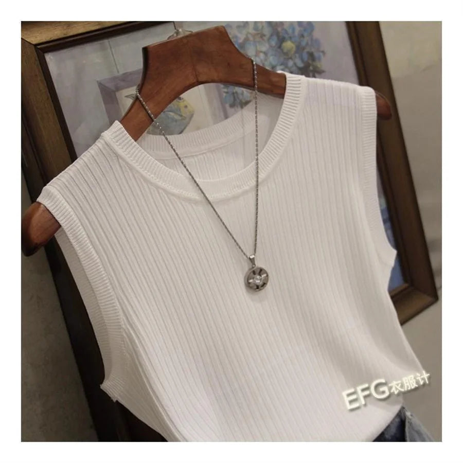 Summer Sleeveless Blouse Women O-neck Knitted Blouse Shirt Women