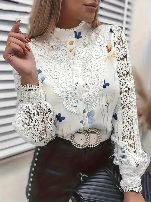 Shirts Elegant Office Ladies White Collared Lace Patchwork Hollow Out