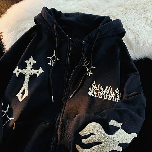 2023 European and American Autumn/Winter Hoodie Embroidered Cross