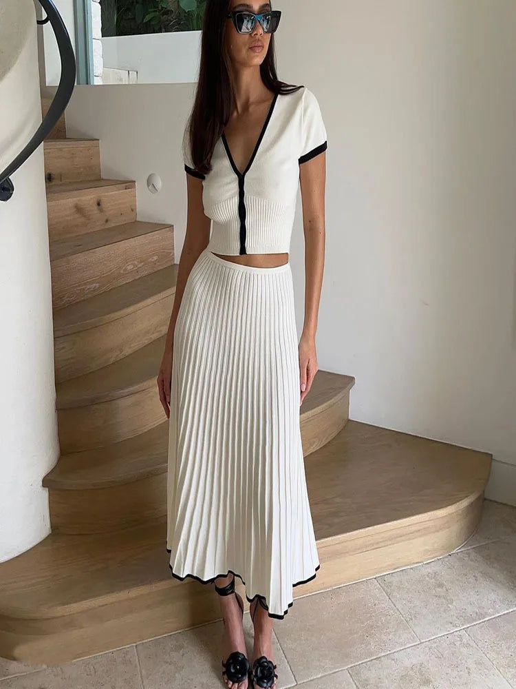 2024 Summer Women White long Skirt Suit Short Sleeve V-neck crop top