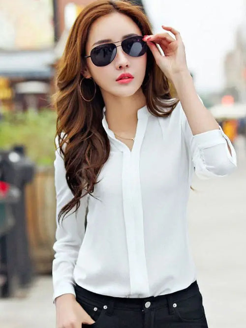 Long Sleeve Shirt Women Autumn Clothing Fashion Slim Chiffon Blouse V