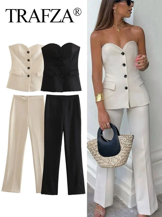 TRAFZA Women Elegant Solid Pant Suit Front Button Strapless Sexy Tank