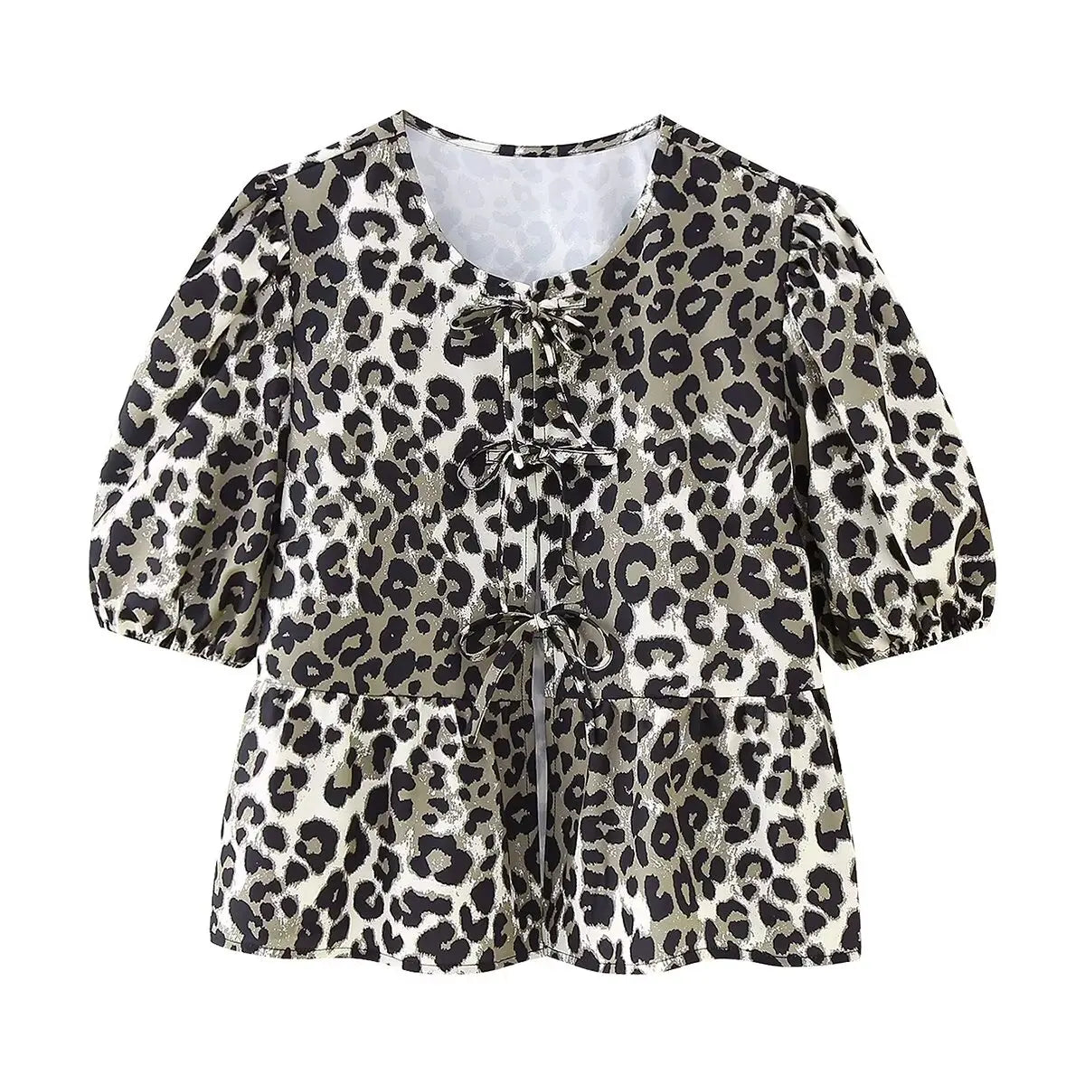 Summer Shirt With Strap Lace-up Leopard Blouse Puff Sleeve Crop Top