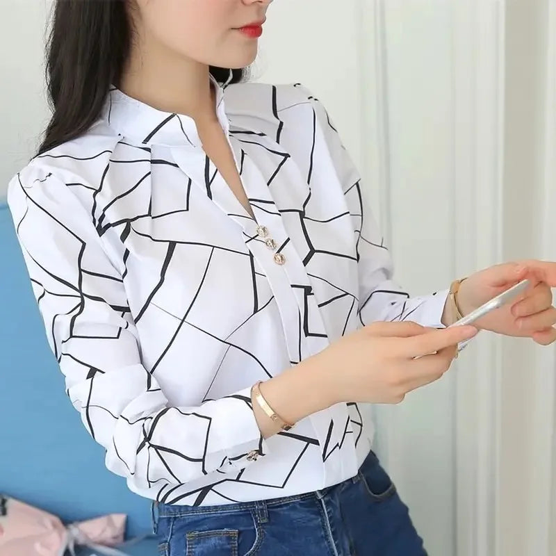 Women White Tops Blouses Fashion Stripe Print Casual Long Sleeve