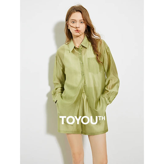 TOYOUTH Women French Mustard Green Tencel Shirt 2024 Summer New