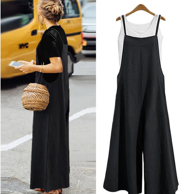 Women Straps Jumpsuit Summer Solid Color Wide Leg Pants Dungaree Bib