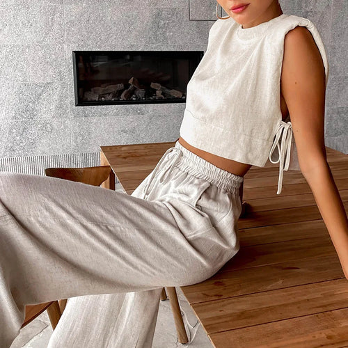 Spring Summer 2023 Women Holiday Linen Pant Set Crop Tops Solid