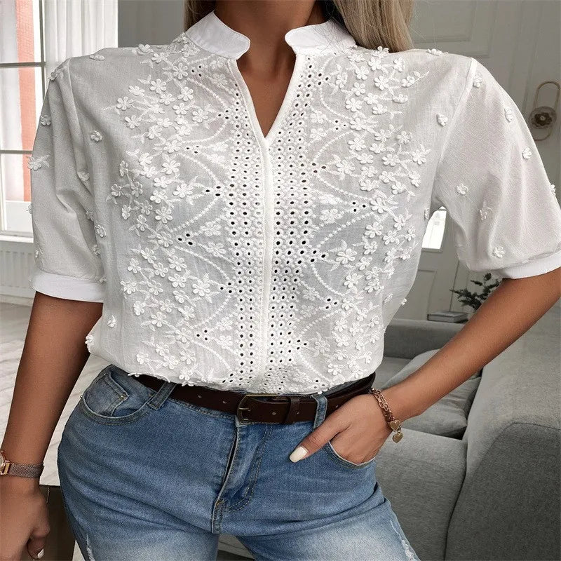 2024 Summer Elegant Short Sleeve White Shirt Vintage Tops Crochet