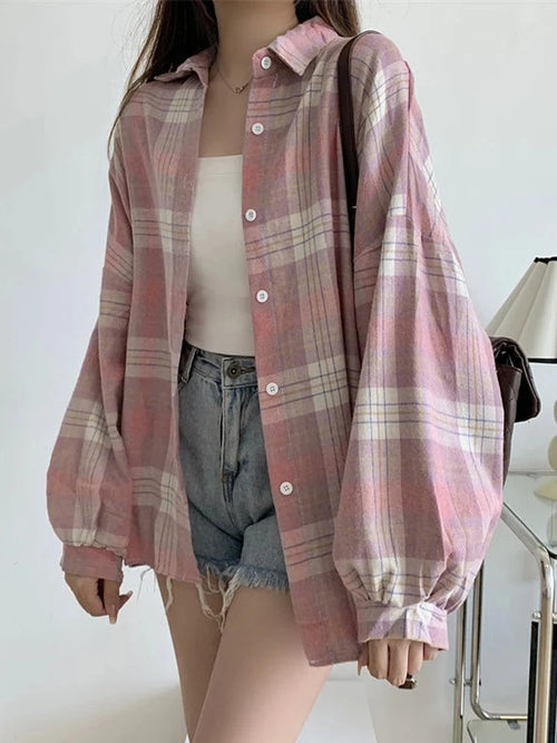 Plaid Shirt Women Autumn Long Sleeve Top Female Vintage Fashion Single