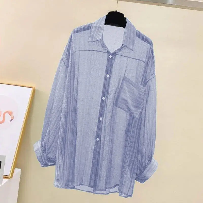 Summer Sunscreen Shirt Elegant Perspective Thin Chiffon Blouse Korean