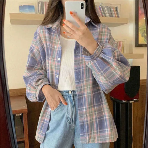 Plaid Shirt Women Autumn Long Sleeve Top Female Vintage Fashion Single