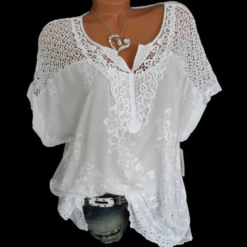 New Summer Short Sleeve Womens Blouses and Tops Loose White Lace