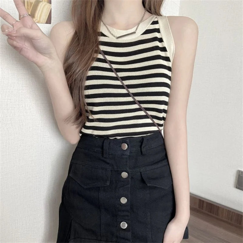 Summer Korean Stripe Knitted Tank Top Women Round Neck Sleeveless Slim