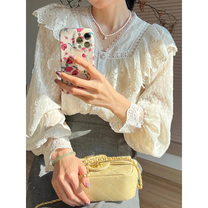 Vintage French Women Shirts Lace Lolita Elegant Long Sleeve Flounce