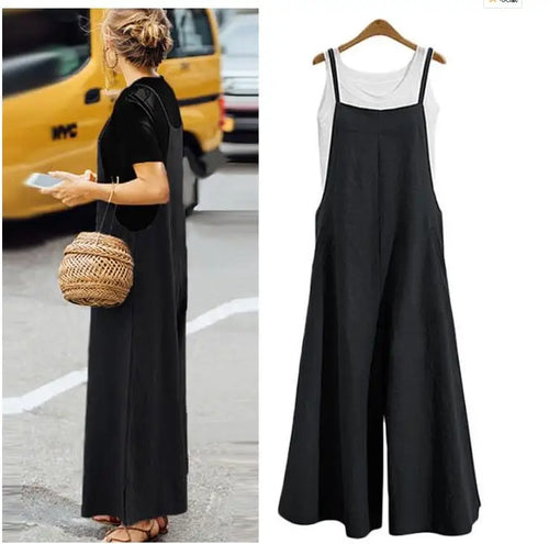 Women Straps Jumpsuit Summer Solid Color Wide Leg Pants Dungaree Bib