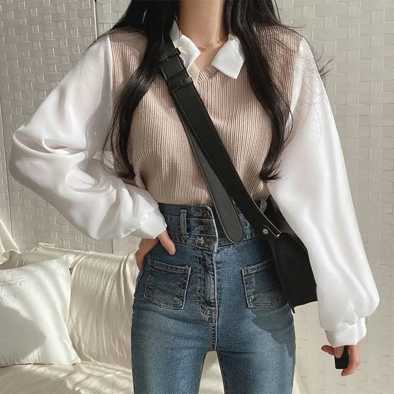 Summer Blouse Women Korean Style False Two-piece Polo Collar Blouses