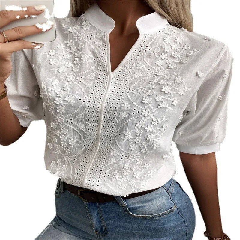 2024 Summer Elegant Short Sleeve White Shirt Vintage Tops Crochet