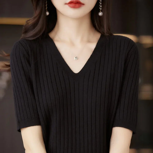 Women Sweater Short Sleeve V-neck Stripe Knitwears Slim Fit Shirt