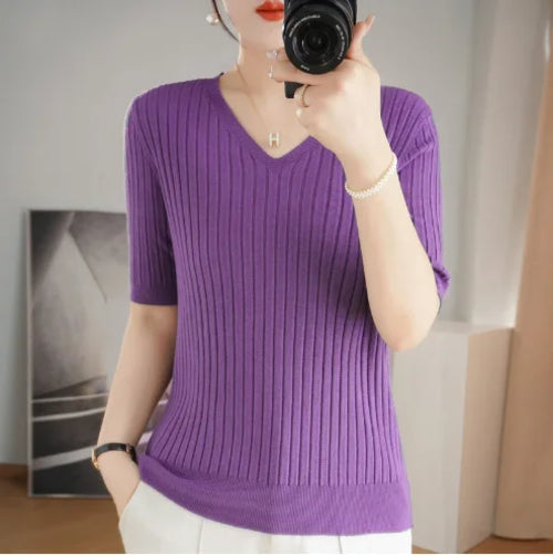 Women Sweater Short Sleeve V-neck Stripe Knitwears Slim Fit Shirt