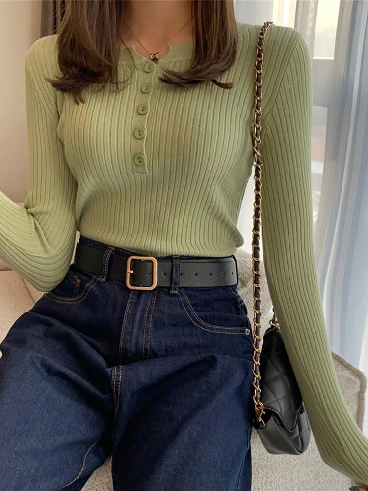 Knitted Women Sweater Button O-neck Pullovers Spring Autumn Basic