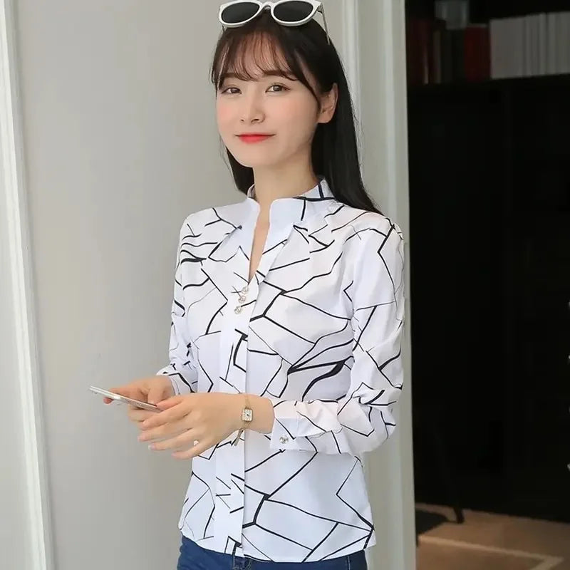 Women White Tops Blouses Fashion Stripe Print Casual Long Sleeve