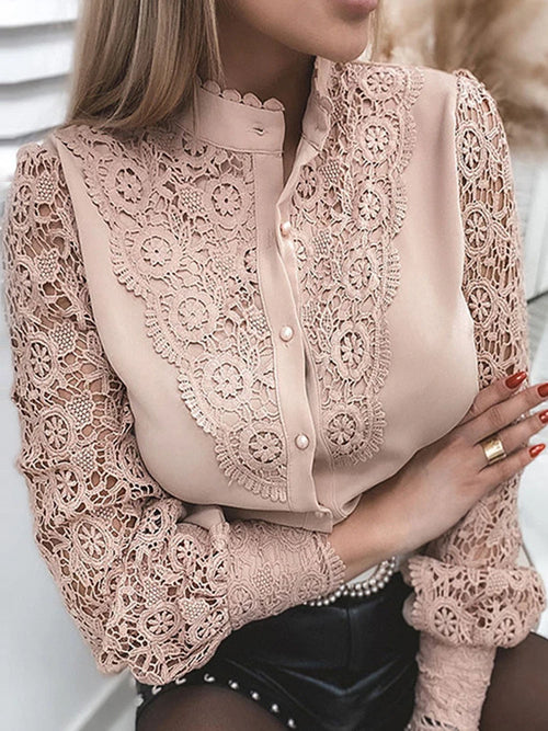 Shirts Elegant Office Ladies White Collared Lace Patchwork Hollow Out