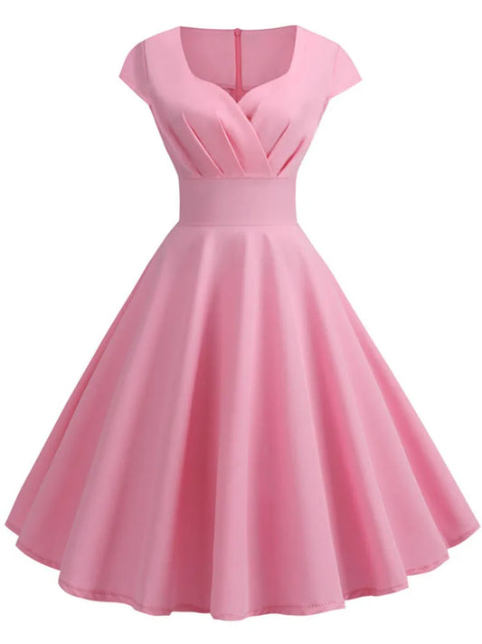 Pink Summer Dress Women V Neck Vintage Robe Elegant Retro pin up Party