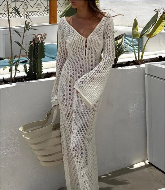 Yiiciovy Sexy Women Long Knit Beach Dress Hollow-Out Deep V-Neck Long