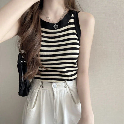 Summer Korean Stripe Knitted Tank Top Women Round Neck Sleeveless Slim