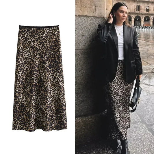 ASDS women's skirts leopard midi skirt woman vintage high waist skirts