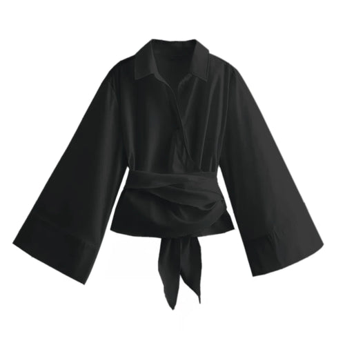 Women's Long Sleeve Kimono Blouses With Bow Tie, Casual Polo Neck,