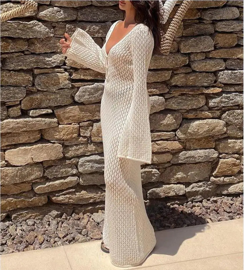 Yiiciovy Sexy Women Long Knit Beach Dress Hollow-Out Deep V-Neck Long