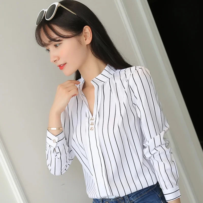 Stripe Women Blouse Fashion Standing Collar Women's Shirt Long Sleeved