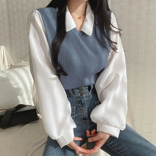 Summer Blouse Women Korean Style False Two-piece Polo Collar Blouses