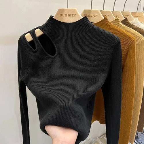 Turtleneck Knitted Women Sweater Ribbed Pullovers Autumn Winter Basic