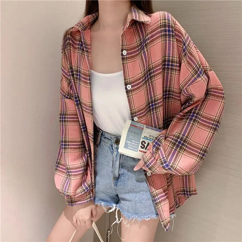 Plaid Shirt Women Autumn Long Sleeve Top Female Vintage Fashion Single