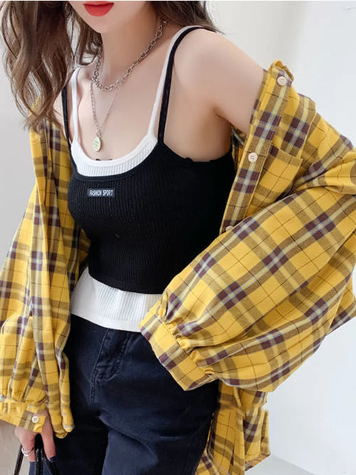 JMPRS Fashion Plaid Women Shirt Fashion Korean Oversize Tops Harajuku