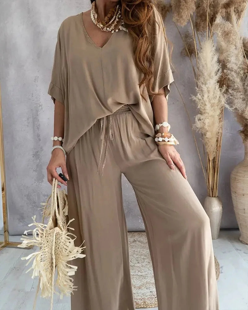 Summer Casual Loose Two Piece Set Women Fashion V-neck Pants Sets