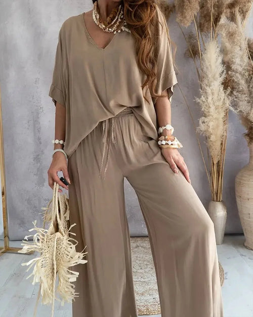 Summer Casual Loose Two Piece Set Women Fashion V-neck Pants Sets