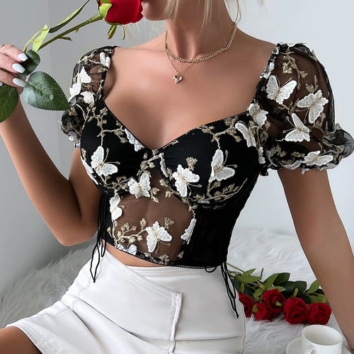 Yimunancy Puff Sleeve Crop Top Women Short Sleeve Mesh Patchwork Boho