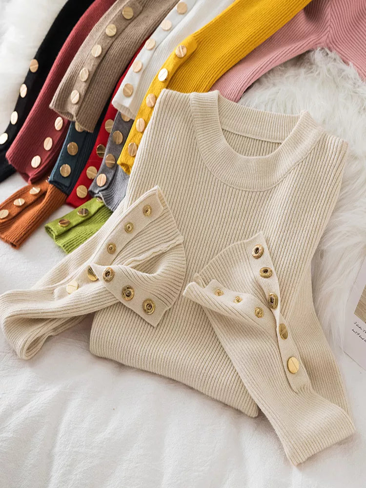 2024 women thick sweater pullovers khaki casual autumn winter button