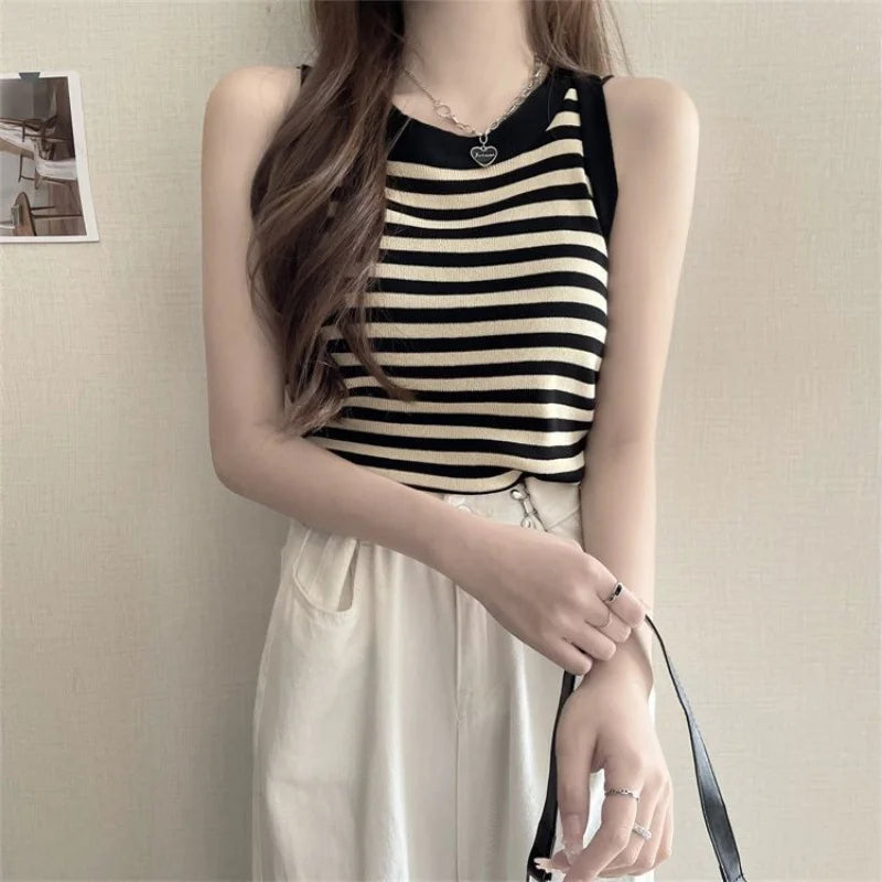 Summer Korean Stripe Knitted Tank Top Women Round Neck Sleeveless Slim