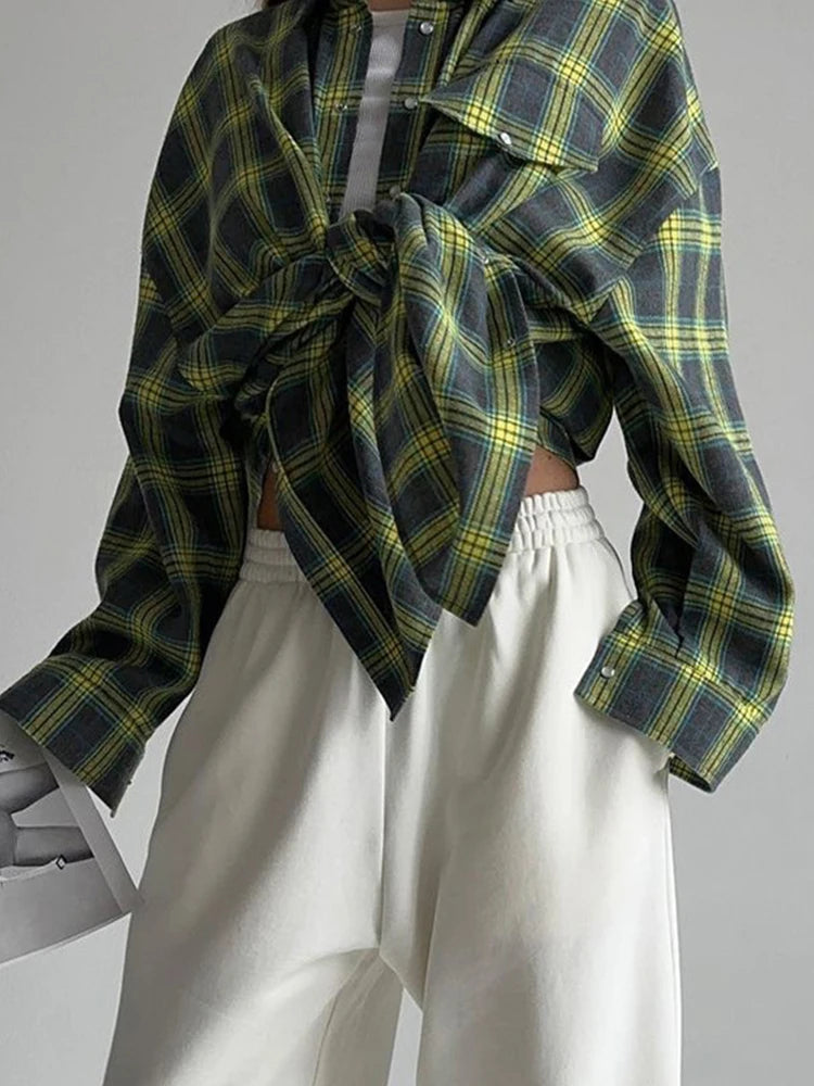 Mueyaruho 2023 Autumn Winter Women Oversized Plaid Shirt Vintage Long