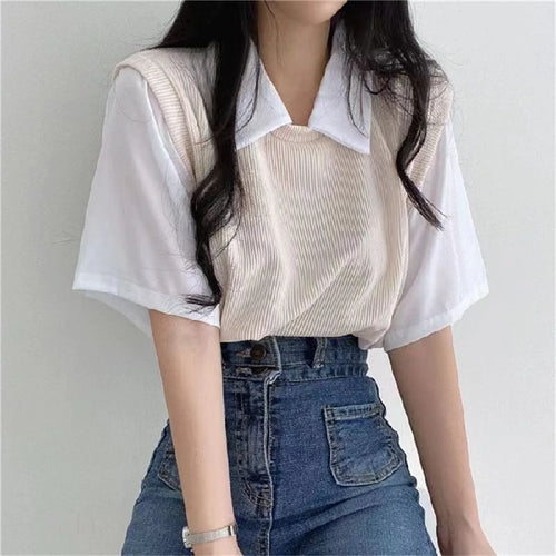 Summer Blouse Women Korean Style False Two-piece Polo Collar Blouses