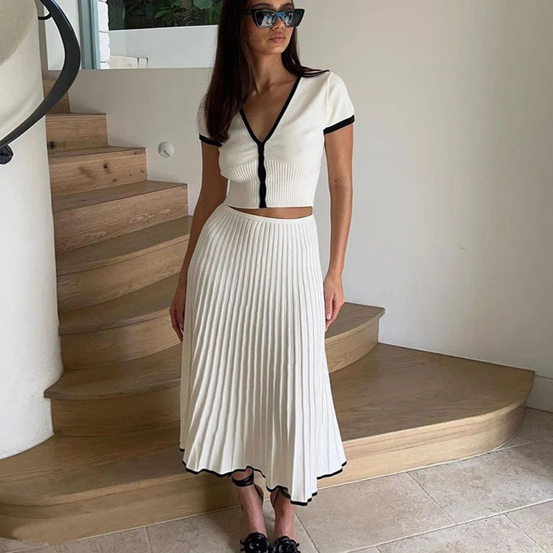 2024 Summer Women White long Skirt Suit Short Sleeve V-neck crop top