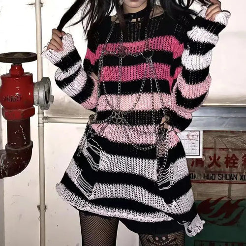 New Punk Gothic Long Unisex Sweater Summer Women Striped Cool Hollow