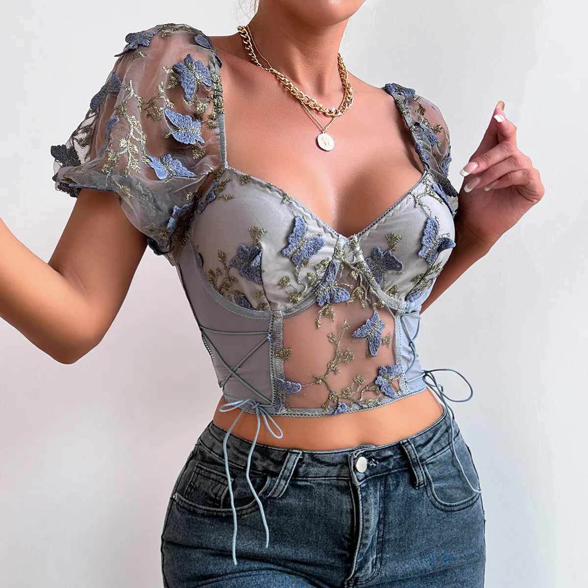 Yimunancy Puff Sleeve Crop Top Women Short Sleeve Mesh Patchwork Boho