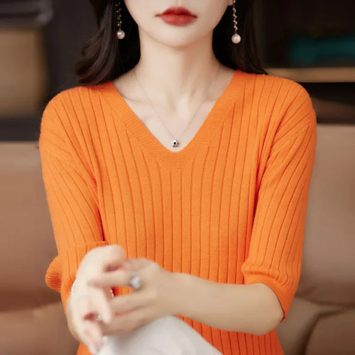 Women Sweater Short Sleeve V-neck Stripe Knitwears Slim Fit Shirt